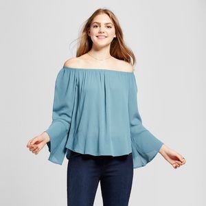 Teal Blue Off-the-Shoulder Blouse!!